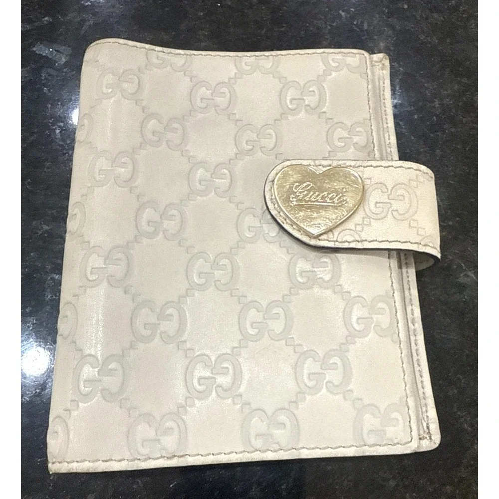 Gucci Cream Monogram Heart Snap Passport Wallet